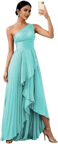 One Shoulder Bridesmaid Dresses for Women High Low Long Satin Pleated Formal Evening Dress with Slit in Kuwait