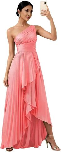 One Shoulder Bridesmaid Dresses for Women High Low Long Satin Pleated Formal Evening Dress with Slit in Kuwait