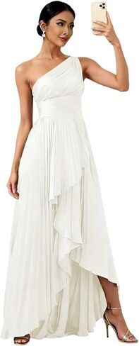 One Shoulder Bridesmaid Dresses for Women High Low Long Satin Pleated Formal Evening Dress with Slit in Kuwait