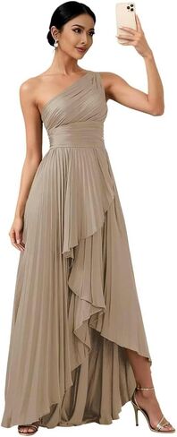 One Shoulder Bridesmaid Dresses for Women High Low Long Satin Pleated Formal Evening Dress with Slit in Kuwait