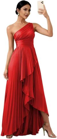 One Shoulder Bridesmaid Dresses for Women High Low Long Satin Pleated Formal Evening Dress with Slit in Kuwait