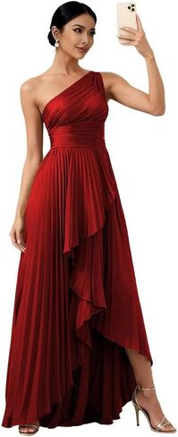 One Shoulder Bridesmaid Dresses for Women High Low Long Satin Pleated Formal Evening Dress with Slit in Kuwait