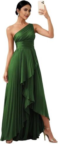 One Shoulder Bridesmaid Dresses for Women High Low Long Satin Pleated Formal Evening Dress with Slit in Kuwait