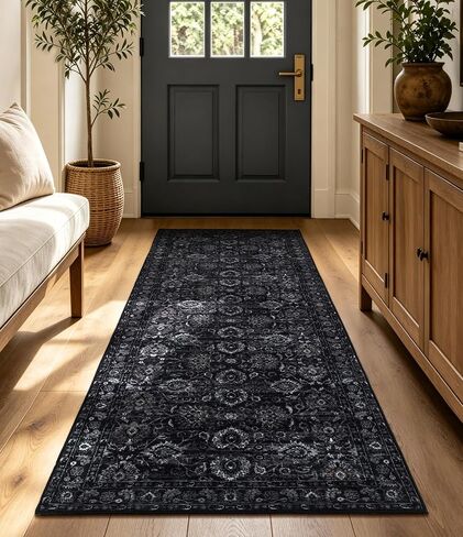 YIHOUSE 2x6 Kitchen Runner Rug Non Slip Washable, Retro 6ft Black Rug Runners for Entryway Hallway Non Skid, Dark Vintage Floral Carpet Runner for Bathroom Bedside Laundry Room in Saudi Arabia