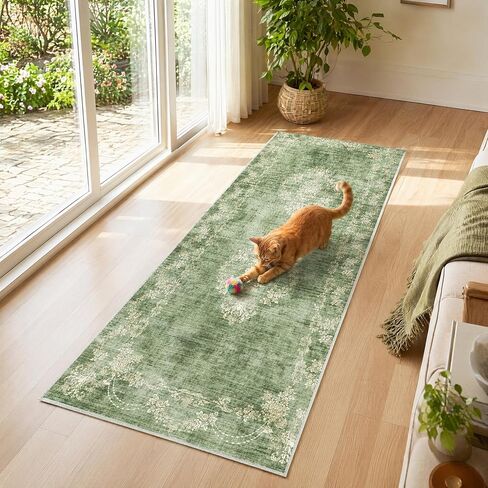 Icegrey Boho Washable 2' x 6' Runner Rugs for Hallway Kitchen Bedroom Beside Laundry Room Bathroom Rug, Non Slip Low Pile Stain Resistant Vintage Soft Foldable Long Floor Carpet, Sage Green 2 in Saudi Arabia