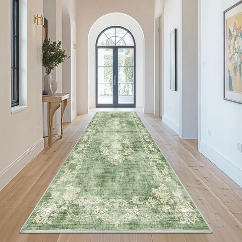 Icegrey Boho Washable 2' x 6' Runner Rugs for Hallway Kitchen Bedroom Beside Laundry Room Bathroom Rug, Non Slip Low Pile Stain Resistant Vintage Soft Foldable Long Floor Carpet, Sage Green 2 in Saudi Arabia