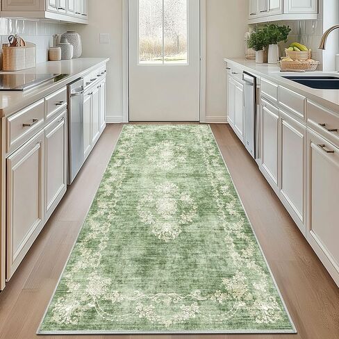 Icegrey Boho Washable 2' x 6' Runner Rugs for Hallway Kitchen Bedroom Beside Laundry Room Bathroom Rug, Non Slip Low Pile Stain Resistant Vintage Soft Foldable Long Floor Carpet, Sage Green 2 in Saudi Arabia