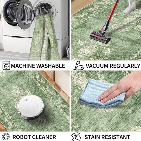 Icegrey Boho Washable 2' x 6' Runner Rugs for Hallway Kitchen Bedroom Beside Laundry Room Bathroom Rug, Non Slip Low Pile Stain Resistant Vintage Soft Foldable Long Floor Carpet, Sage Green 2 in Saudi Arabia