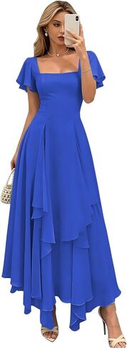 Women's Square Neck Bridesmaid Dresses 2026 Chiffon Ruffle Hem A Line Formal Evening Dress for Wedding in Saudi Arabia