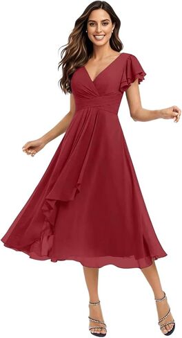 Women's Flutter Sleeve Bridesmaid Dresses Short with Pockets Chiffon Ruffled A-Line Cocktail Formal Gowns in Kuwait