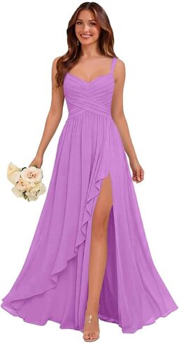 Long Chiffon Bridesmaid Dresses Pleated Formal Wedding Guest Dress with Slit Ruffle in Saudi Arabia