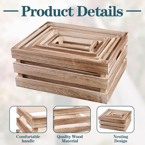 GRETJOB 6 Pack Large Wooden Crates for Display Rustic Nesting Wooden Basket with Handle, Decorative Farmhouse Wood Crate for Storage and Container, 6 Size Wood Basket Decor Boxes in Saudi Arabia