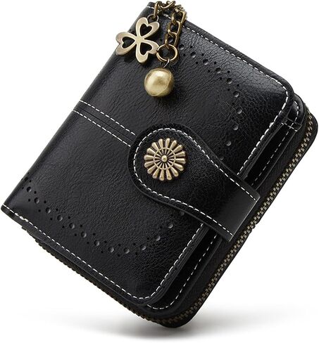 Small Genuine Leather Wallet for Women Bifold RFID Blocking with Zipper Coin Pocket (Black) in Kuwait