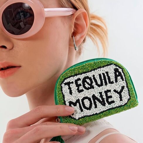 America & Beyond Tequila Money Beaded Coin Pouch, Green, Mini Zip Pouch with Tassel, 5 x 3.5 Inch in Saudi Arabia