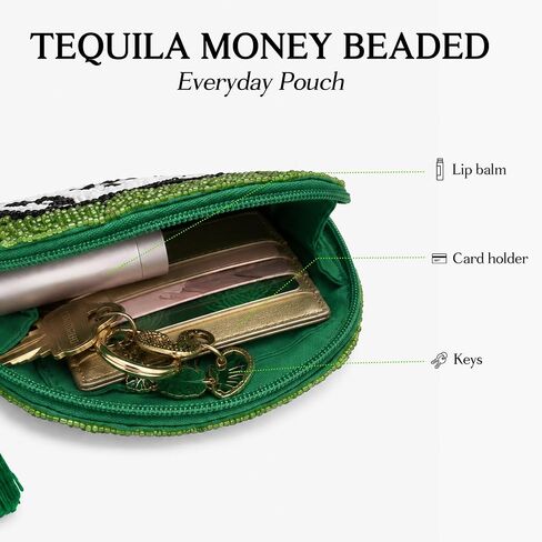 America & Beyond Tequila Money Beaded Coin Pouch, Green, Mini Zip Pouch with Tassel, 5 x 3.5 Inch in Saudi Arabia