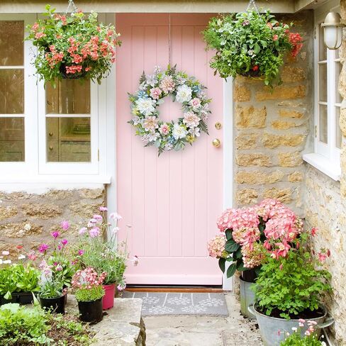 22 Inch Artificial Dahlia Wreaths for Front Door, Spring Summer Wreath with Eucalyptus, Fern & Lamb's Ear Leaves, Farmhouse Floral Wreath for Home Porch Window Wall, All Season Decor in Saudi Arabia