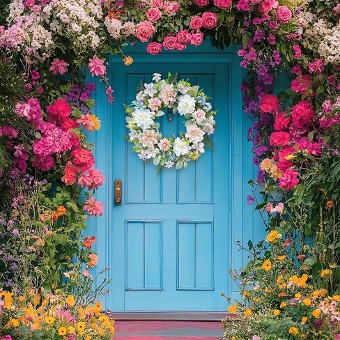 22 Inch Artificial Dahlia Wreaths for Front Door, Spring Summer Wreath with Eucalyptus, Fern & Lamb's Ear Leaves, Farmhouse Floral Wreath for Home Porch Window Wall, All Season Decor in Saudi Arabia