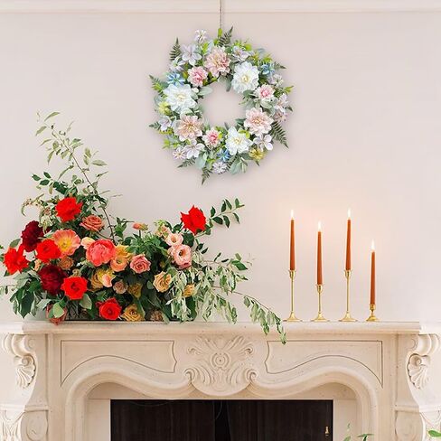22 Inch Artificial Dahlia Wreaths for Front Door, Spring Summer Wreath with Eucalyptus, Fern & Lamb's Ear Leaves, Farmhouse Floral Wreath for Home Porch Window Wall, All Season Decor in Saudi Arabia