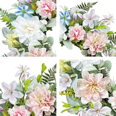 22 Inch Artificial Dahlia Wreaths for Front Door, Spring Summer Wreath with Eucalyptus, Fern & Lamb's Ear Leaves, Farmhouse Floral Wreath for Home Porch Window Wall, All Season Decor in Saudi Arabia