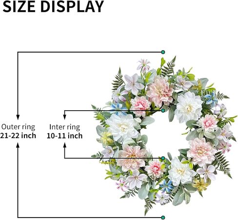 22 Inch Artificial Dahlia Wreaths for Front Door, Spring Summer Wreath with Eucalyptus, Fern & Lamb's Ear Leaves, Farmhouse Floral Wreath for Home Porch Window Wall, All Season Decor in Saudi Arabia