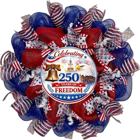 Patriotic Wreath Celebrating 250 Years of Freedom, White Background, Handmade Wreath in Saudi Arabia