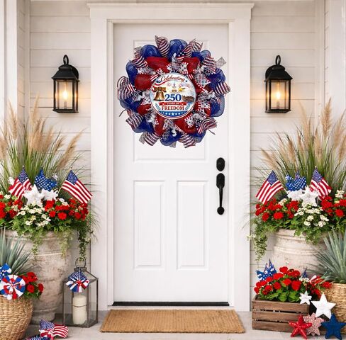 Patriotic Wreath Celebrating 250 Years of Freedom, White Background, Handmade Wreath in Saudi Arabia