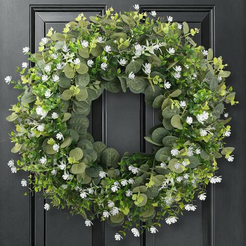 22" Eucalyptus Wreath for Front Door, Summer Greenery Wreath with Baby’s Breath, Farmhouse Year Round Artificial Eucalyptus Leaves Wreath for Outdoor Indoor Wall Porch All Seasons Decoration in Saudi Arabia