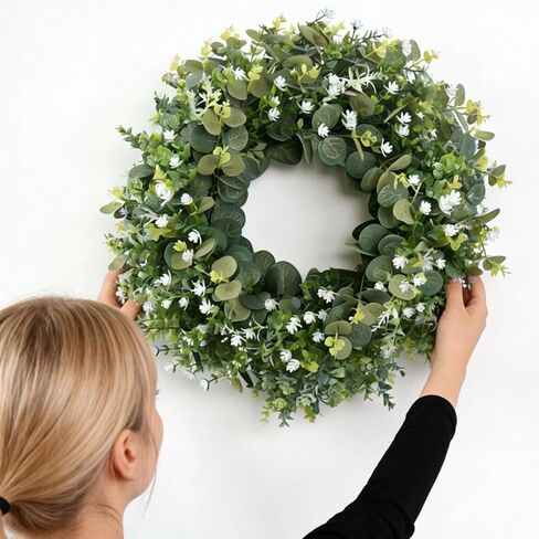 22" Eucalyptus Wreath for Front Door, Summer Greenery Wreath with Baby’s Breath, Farmhouse Year Round Artificial Eucalyptus Leaves Wreath for Outdoor Indoor Wall Porch All Seasons Decoration in Saudi Arabia