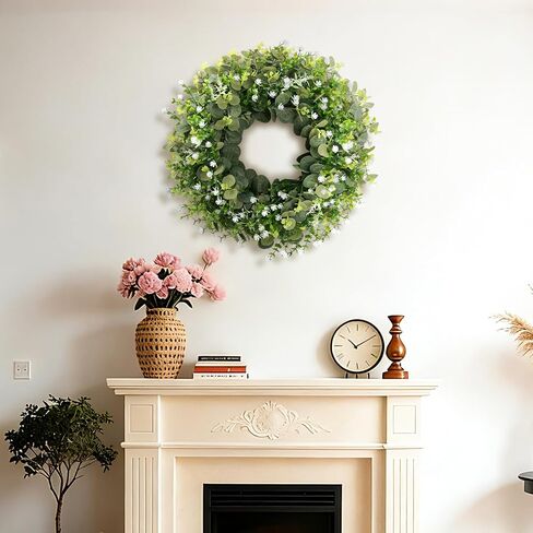 22" Eucalyptus Wreath for Front Door, Summer Greenery Wreath with Baby’s Breath, Farmhouse Year Round Artificial Eucalyptus Leaves Wreath for Outdoor Indoor Wall Porch All Seasons Decoration in Saudi Arabia