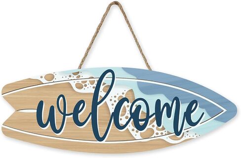 Coastal Surfboard Welcome Front Door Sign, Summer Hawaiian Beach House Wood Plaque Hanger Outdoor Outside Porch Home Decor, Nautical Sea Ocean Wooden Wreath Indoor Wall Hanging Decoration in Kuwait