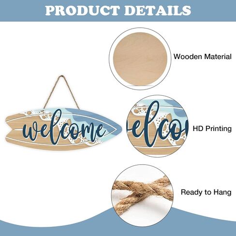 Coastal Surfboard Welcome Front Door Sign, Summer Hawaiian Beach House Wood Plaque Hanger Outdoor Outside Porch Home Decor, Nautical Sea Ocean Wooden Wreath Indoor Wall Hanging Decoration in Kuwait