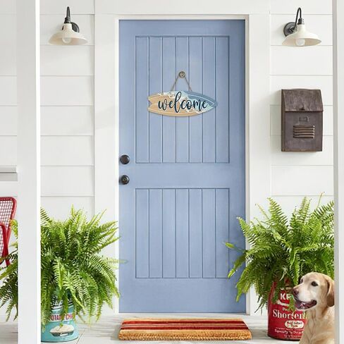 Coastal Surfboard Welcome Front Door Sign, Summer Hawaiian Beach House Wood Plaque Hanger Outdoor Outside Porch Home Decor, Nautical Sea Ocean Wooden Wreath Indoor Wall Hanging Decoration in Kuwait