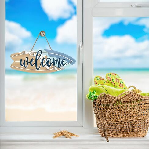 Coastal Surfboard Welcome Front Door Sign, Summer Hawaiian Beach House Wood Plaque Hanger Outdoor Outside Porch Home Decor, Nautical Sea Ocean Wooden Wreath Indoor Wall Hanging Decoration in Kuwait