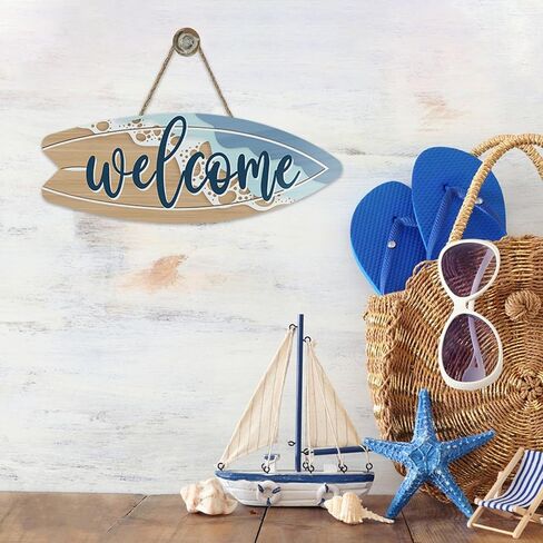 Coastal Surfboard Welcome Front Door Sign, Summer Hawaiian Beach House Wood Plaque Hanger Outdoor Outside Porch Home Decor, Nautical Sea Ocean Wooden Wreath Indoor Wall Hanging Decoration in Kuwait