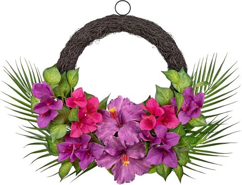 Briful Tropical Floral Wreath for Front Door, 19.6" Artificial Pink & Purple Hibiscus Flower Wreath with Palm Leaves, Summer Spring Wreaths for Wall Mantle Window Home Porch Decor in Kuwait