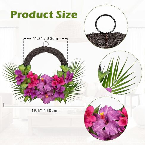 Briful Tropical Floral Wreath for Front Door, 19.6" Artificial Pink & Purple Hibiscus Flower Wreath with Palm Leaves, Summer Spring Wreaths for Wall Mantle Window Home Porch Decor in Kuwait