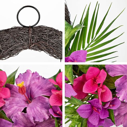 Briful Tropical Floral Wreath for Front Door, 19.6" Artificial Pink & Purple Hibiscus Flower Wreath with Palm Leaves, Summer Spring Wreaths for Wall Mantle Window Home Porch Decor in Kuwait