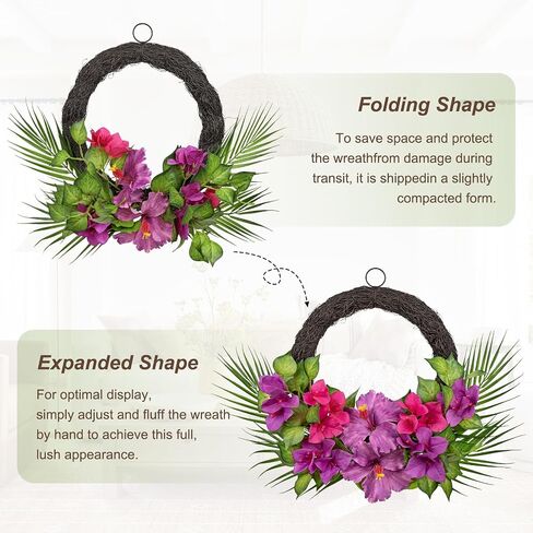 Briful Tropical Floral Wreath for Front Door, 19.6" Artificial Pink & Purple Hibiscus Flower Wreath with Palm Leaves, Summer Spring Wreaths for Wall Mantle Window Home Porch Decor in Kuwait