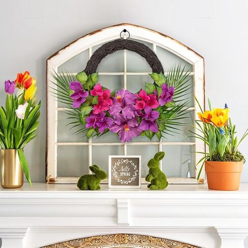Briful Tropical Floral Wreath for Front Door, 19.6" Artificial Pink & Purple Hibiscus Flower Wreath with Palm Leaves, Summer Spring Wreaths for Wall Mantle Window Home Porch Decor in Kuwait
