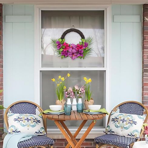 Briful Tropical Floral Wreath for Front Door, 19.6" Artificial Pink & Purple Hibiscus Flower Wreath with Palm Leaves, Summer Spring Wreaths for Wall Mantle Window Home Porch Decor in Kuwait