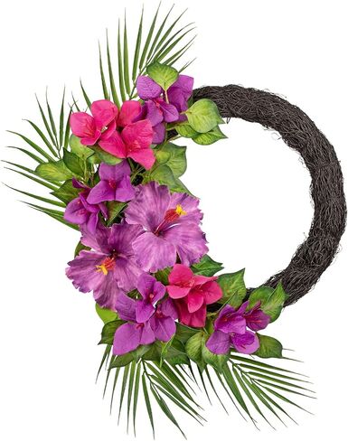 Briful Tropical Floral Wreath for Front Door, 19.6" Artificial Pink & Purple Hibiscus Flower Wreath with Palm Leaves, Summer Spring Wreaths for Wall Mantle Window Home Porch Decor in Kuwait