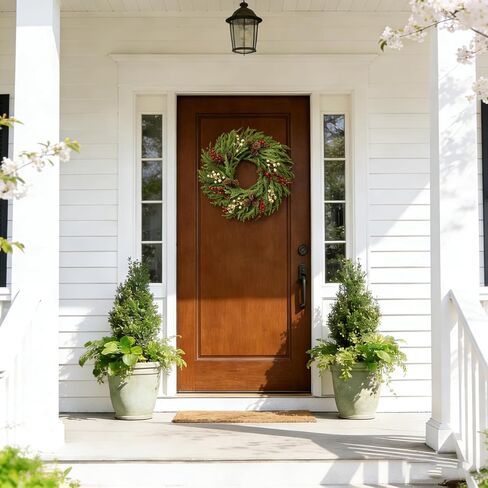 26" Norfolk Pine Wreath, Large Greenery Wreath for Front Door, Green Year Round Real Touch Artificial Greenery Wreath for Wall Porch Rustic Farmhouse Home Decor, with Lights, Red Bow, FF10 in Saudi Arabia