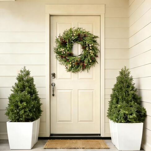 26" Norfolk Pine Wreath, Large Greenery Wreath for Front Door, Green Year Round Real Touch Artificial Greenery Wreath for Wall Porch Rustic Farmhouse Home Decor, with Lights, Red Bow, FF10 in Saudi Arabia
