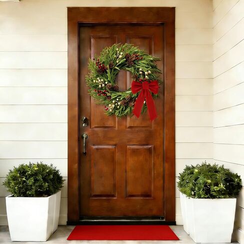 26" Norfolk Pine Wreath, Large Greenery Wreath for Front Door, Green Year Round Real Touch Artificial Greenery Wreath for Wall Porch Rustic Farmhouse Home Decor, with Lights, Red Bow, FF10 in Saudi Arabia
