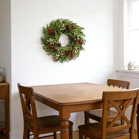26" Norfolk Pine Wreath, Large Greenery Wreath for Front Door, Green Year Round Real Touch Artificial Greenery Wreath for Wall Porch Rustic Farmhouse Home Decor, with Lights, Red Bow, FF10 in Saudi Arabia