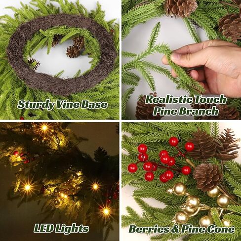 26" Norfolk Pine Wreath, Large Greenery Wreath for Front Door, Green Year Round Real Touch Artificial Greenery Wreath for Wall Porch Rustic Farmhouse Home Decor, with Lights, Red Bow, FF10 in Saudi Arabia