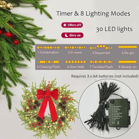 26" Norfolk Pine Wreath, Large Greenery Wreath for Front Door, Green Year Round Real Touch Artificial Greenery Wreath for Wall Porch Rustic Farmhouse Home Decor, with Lights, Red Bow, FF10 in Saudi Arabia