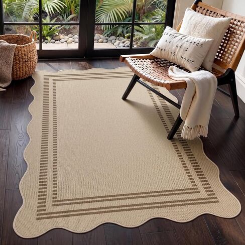 Tribesigns Scalloped Easy Jute 2x6 Hallway Runner Rug Non Slip, Tan/Checkered Kitchen Runner Rugs Non Skid Washable, Geometric Indoor Outdoor Carpet for Laundry Porch Entryway in Saudi Arabia