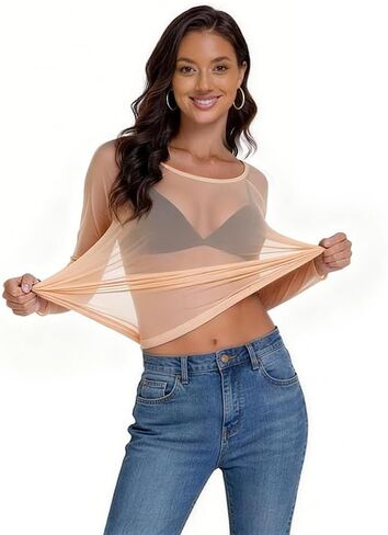 تي شيرت نسائي شبكي شفاف بأكمام طويلة تي شيرت Bodycon شفاف من خلال ملابس النادي المثيرة للحفلات ورقبة مستديرة in Kuwait