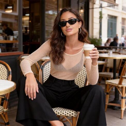 تي شيرت نسائي شبكي شفاف بأكمام طويلة تي شيرت Bodycon شفاف من خلال ملابس النادي المثيرة للحفلات ورقبة مستديرة in Kuwait
